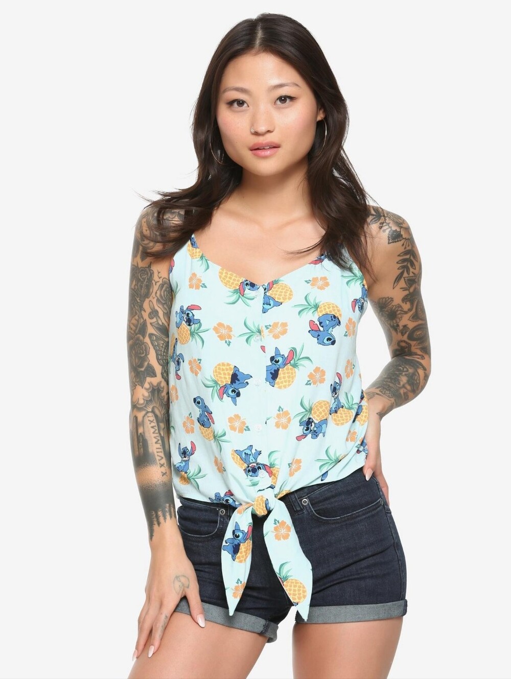 Hot Topic Disney Lilo & Stitch Pineapple & Hibiscus Tie Front Woven Button-Up